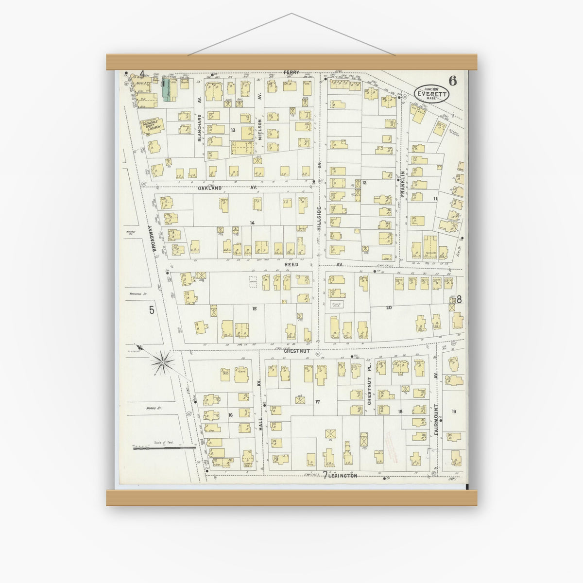 Old map wall art mockup — magnetic wood frame on white wall — Sanborn Fire Insurance Map from Everett, Middlesex County, Massachusetts (1897), Sheet #0006