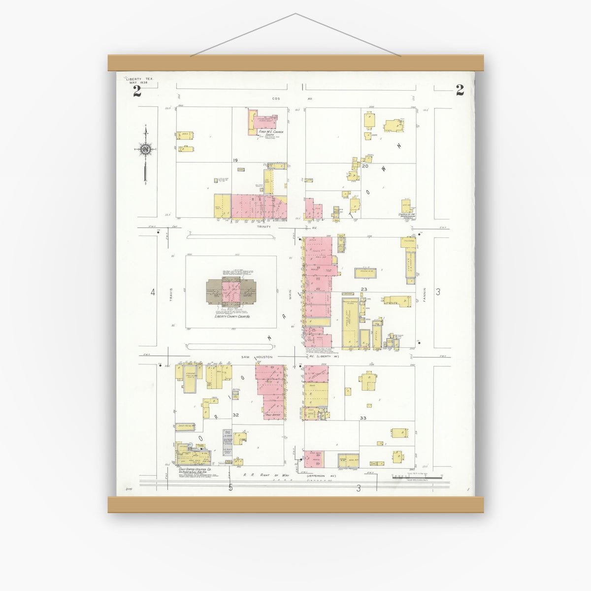 Old map wall art mockup — magnetic wood frame on white wall — Sanborn Fire Insurance Map from Liberty, Liberty County, Texas (1938), Sheet #0002