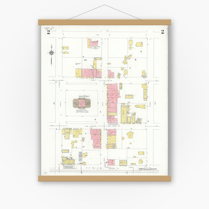 Old map wall art mockup — magnetic wood frame on white wall — Sanborn Fire Insurance Map from Liberty, Liberty County, Texas (1938), Sheet #0002