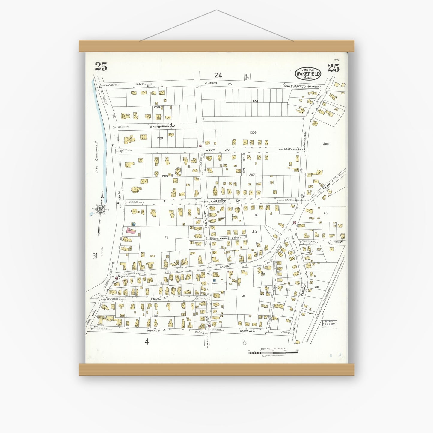Old map wall art mockup — magnetic wood frame on white wall — Sanborn Fire Insurance Map from Wakefield, Middlesex County, Massachusetts (1923), Sheet #0025