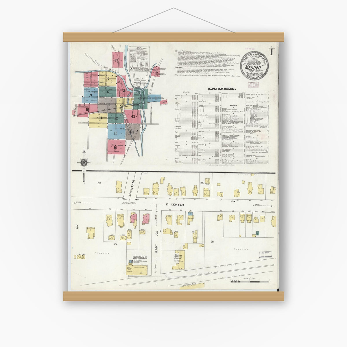 Old map wall art mockup — magnetic wood frame on white wall — Sanborn Fire Insurance Map from Medina, Orleans County, New York (1909), Sheet #0001
