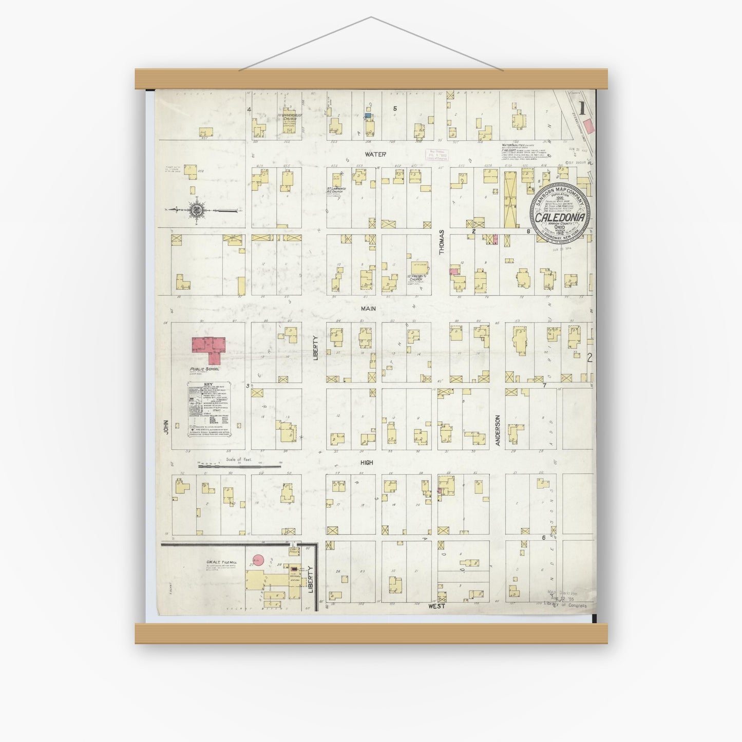 Old map wall art mockup — magnetic wood frame on white wall — Sanborn Fire Insurance Map from Caledonia, Marion County, Ohio (1912), Sheet #0001