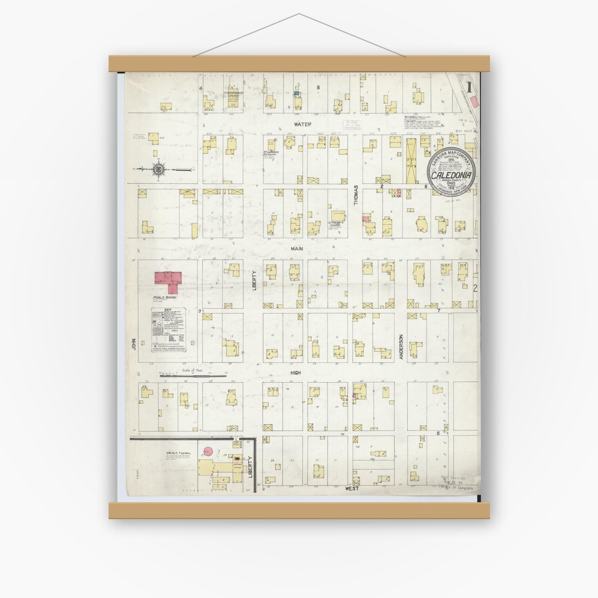 Old map wall art mockup — magnetic wood frame on white wall — Sanborn Fire Insurance Map from Caledonia, Marion County, Ohio (1912), Sheet #0001
