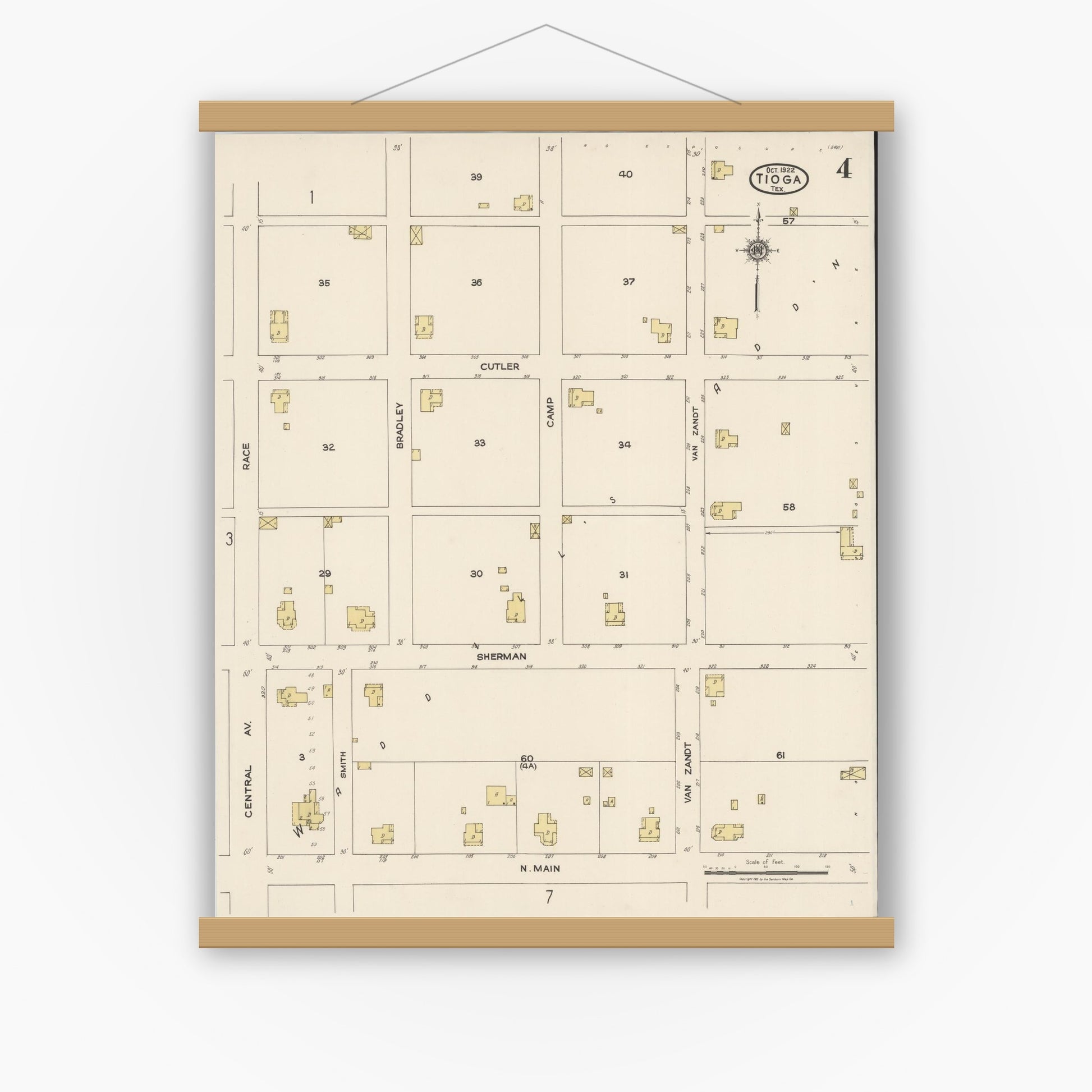 Old map wall art mockup — magnetic wood frame on white wall — Sanborn Fire Insurance Map from Tioga, Grayton County, Texas (1922), Sheet #0004