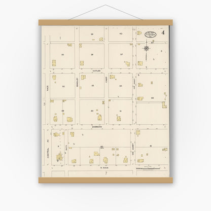 Old map wall art mockup — magnetic wood frame on white wall — Sanborn Fire Insurance Map from Tioga, Grayton County, Texas (1922), Sheet #0004