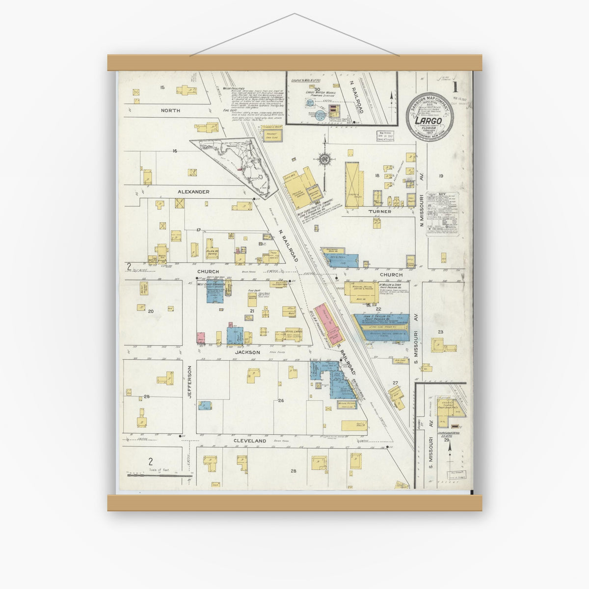 Old map wall art mockup — magnetic wood frame on white wall — Sanborn Fire Insurance Map from Largo, Pinellas County, Florida (1917) - Complete Map Set