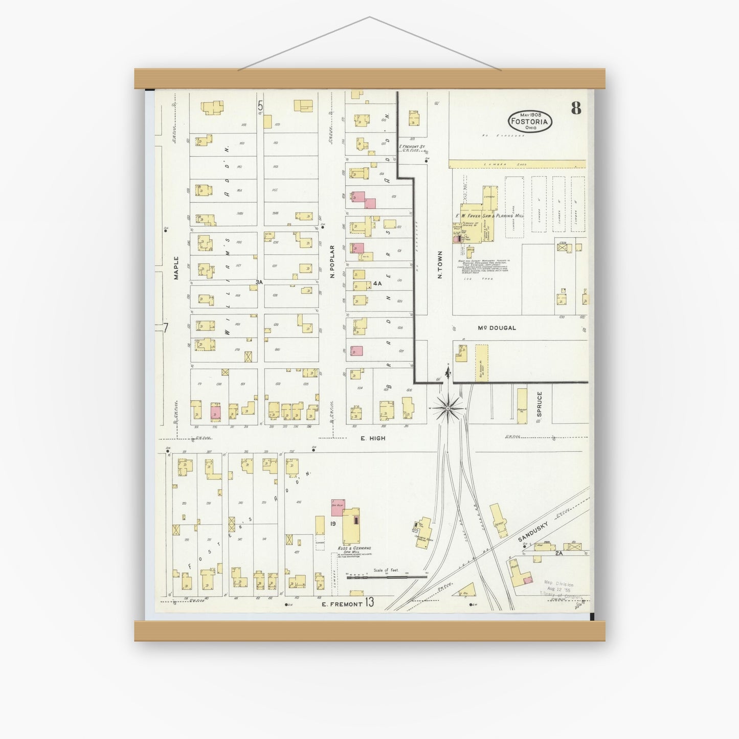 Old map wall art mockup — magnetic wood frame on white wall — Sanborn Fire Insurance Map from Fostoria, Seneca, Hancock, And Wood Counties, Ohio (1908), Sheet #0008