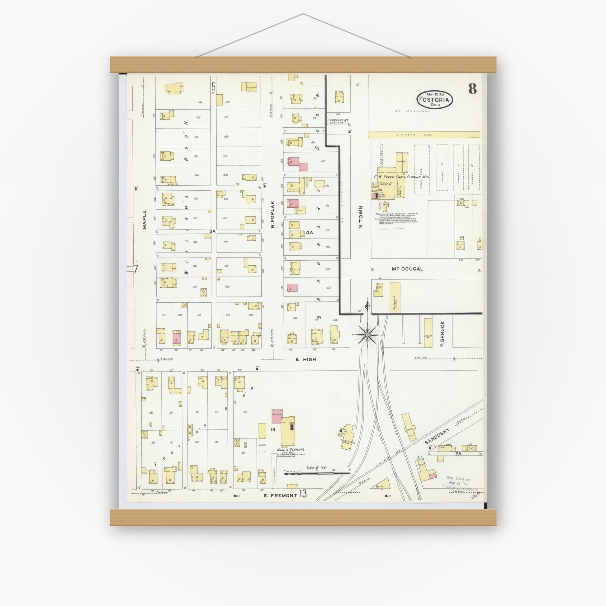 Old map wall art mockup — magnetic wood frame on white wall — Sanborn Fire Insurance Map from Fostoria, Seneca, Hancock, And Wood Counties, Ohio (1908), Sheet #0008