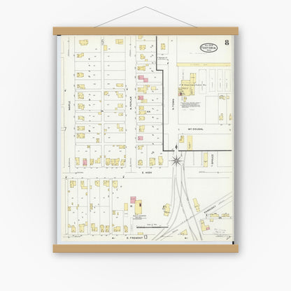 Old map wall art mockup — magnetic wood frame on white wall — Sanborn Fire Insurance Map from Fostoria, Seneca, Hancock, And Wood Counties, Ohio (1908), Sheet #0008
