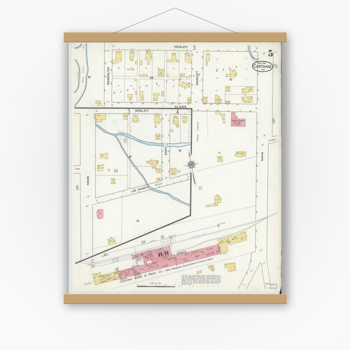 Old map wall art mockup — magnetic wood frame on white wall — Sanborn Fire Insurance Map from Carthage, Rush County, Indiana (1916), Sheet #0005