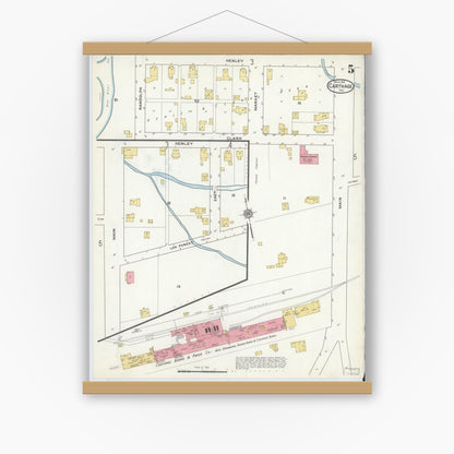 Old map wall art mockup — magnetic wood frame on white wall — Sanborn Fire Insurance Map from Carthage, Rush County, Indiana (1916), Sheet #0005