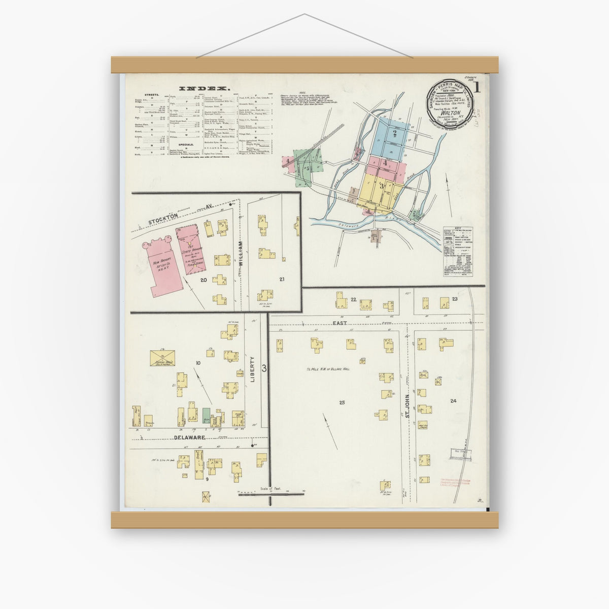 Old map wall art mockup — magnetic wood frame on white wall — Sanborn Fire Insurance Map from Walton, Delaware County, New York (1897), Sheet #0001
