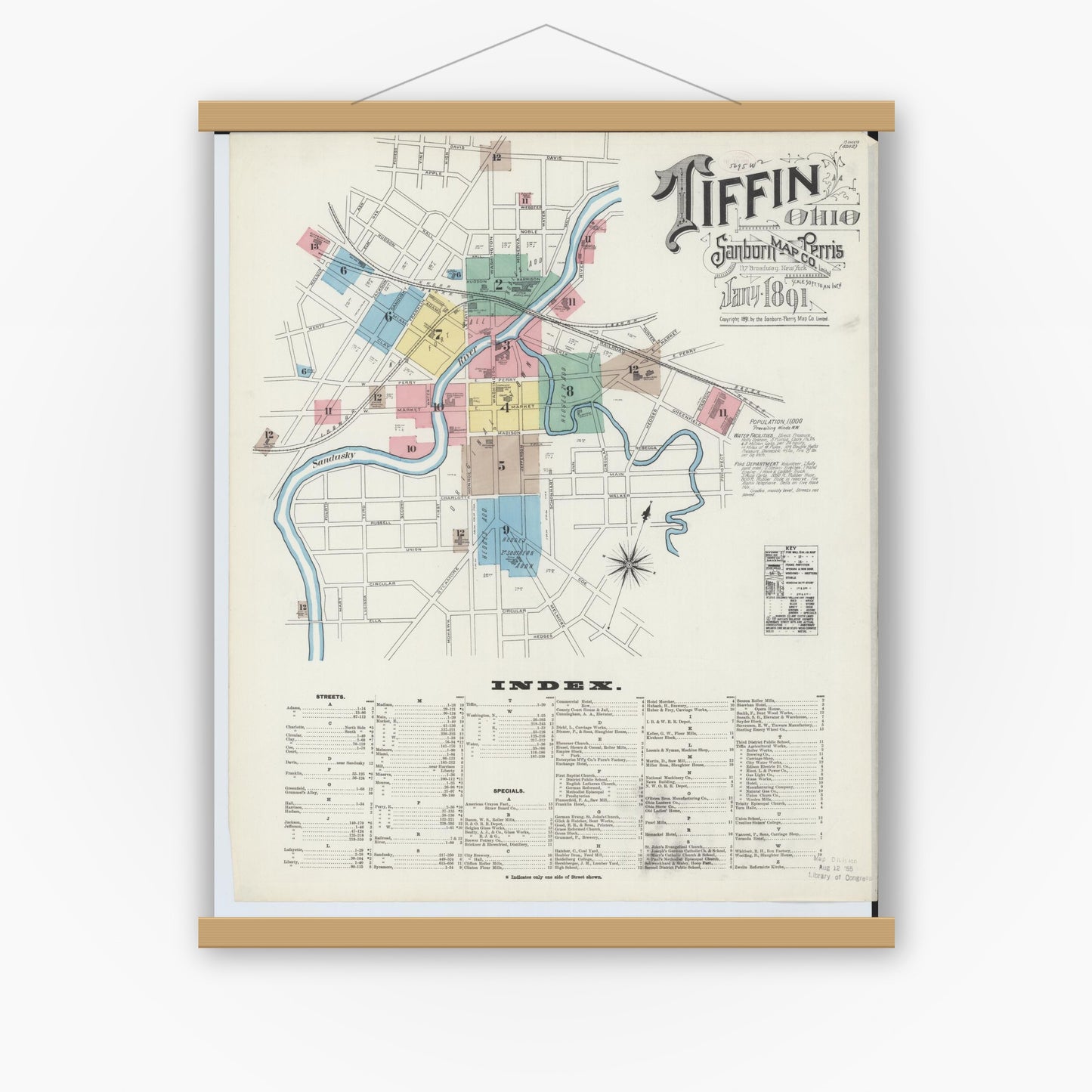 Old map wall art mockup — magnetic wood frame on white wall — Sanborn Fire Insurance Map from Tiffin, Seneca County, Ohio (1891), Sheet #0001