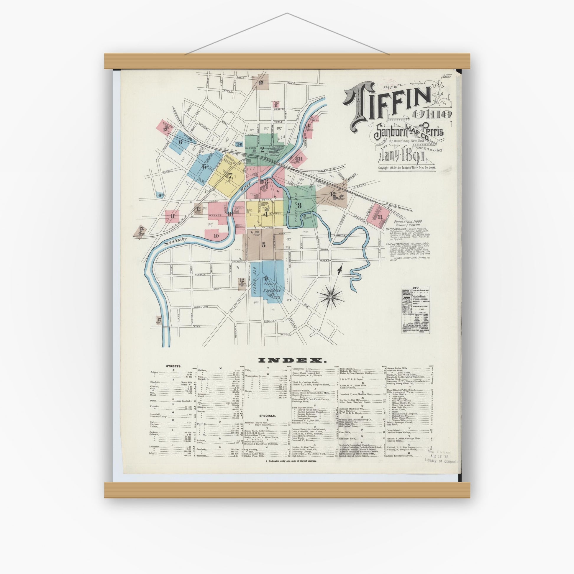 Old map wall art mockup — magnetic wood frame on white wall — Sanborn Fire Insurance Map from Tiffin, Seneca County, Ohio (1891), Sheet #0001