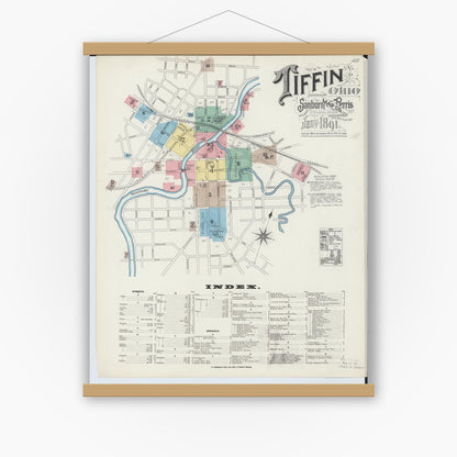 Old map wall art mockup — magnetic wood frame on white wall — Sanborn Fire Insurance Map from Tiffin, Seneca County, Ohio (1891), Sheet #0001