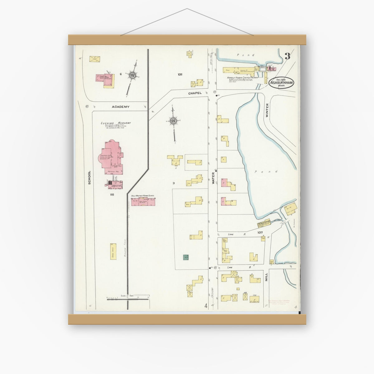 Old map wall art mockup — magnetic wood frame on white wall — Sanborn Fire Insurance Map from Ashburnham, Worcester County, Massachusetts (1909), Sheet #0003