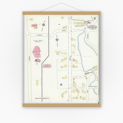 Old map wall art mockup — magnetic wood frame on white wall — Sanborn Fire Insurance Map from Ashburnham, Worcester County, Massachusetts (1909), Sheet #0003