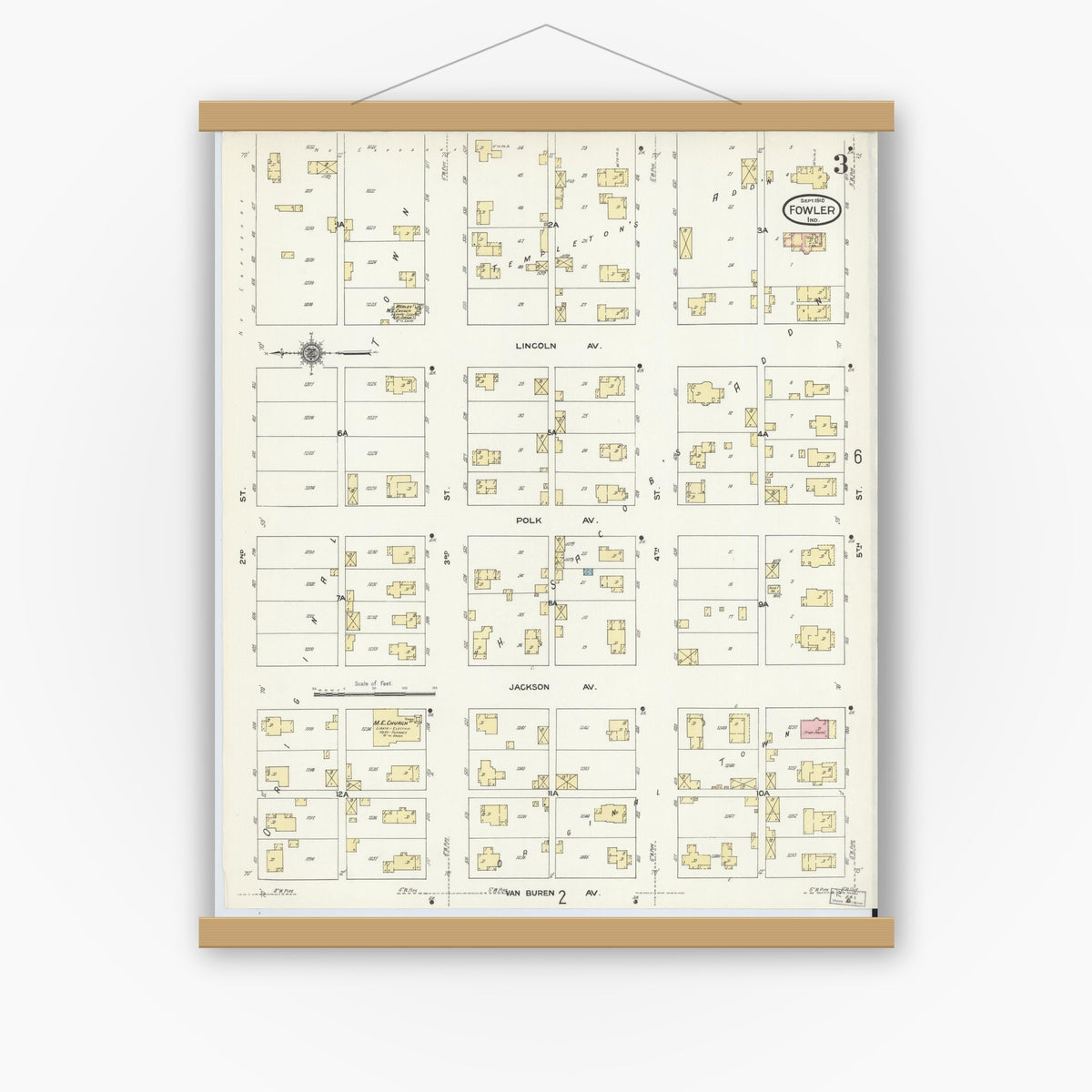 Old map wall art mockup — magnetic wood frame on white wall — Sanborn Fire Insurance Map from Fowler, Benton County, Indiana (1910), Sheet #0003