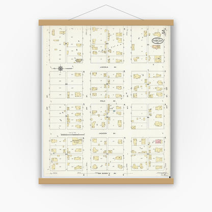 Old map wall art mockup — magnetic wood frame on white wall — Sanborn Fire Insurance Map from Fowler, Benton County, Indiana (1910), Sheet #0003