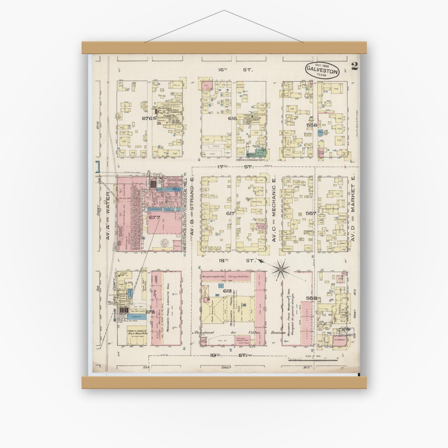 Old map wall art mockup — magnetic wood frame on white wall — Sanborn Fire Insurance Map from Galveston, Galveston County, Texas (1885), Sheet #0002