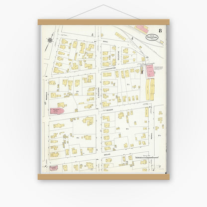 Old map wall art mockup — magnetic wood frame on white wall — Sanborn Fire Insurance Map from Palestine, Anderson County, Texas (1911), Sheet #0008