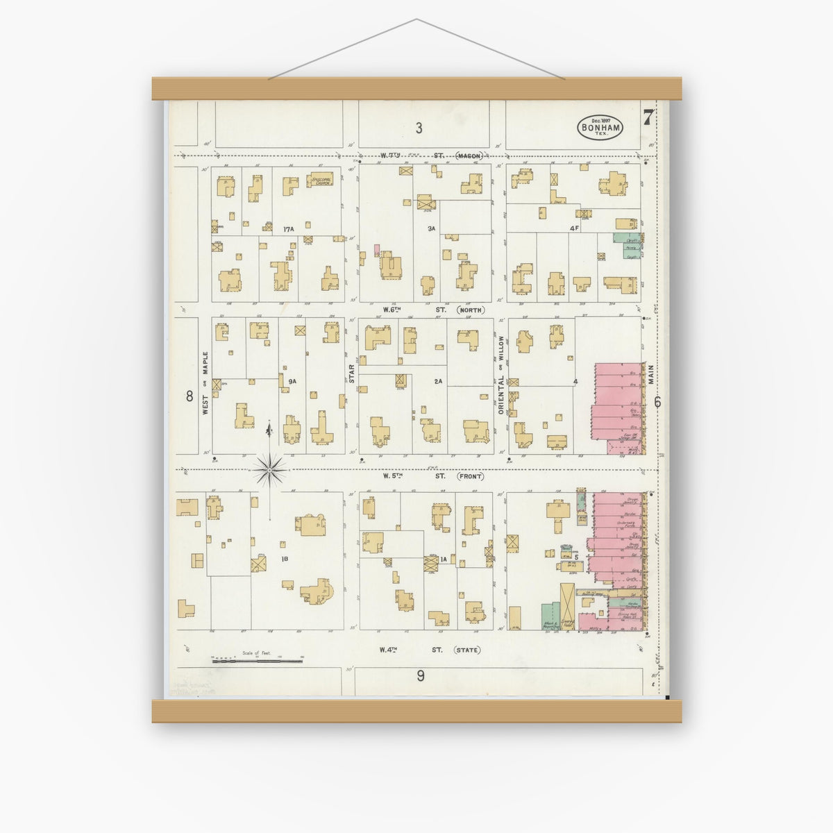 Old map wall art mockup — magnetic wood frame on white wall — Sanborn Fire Insurance Map from Bonham, Fannin County, Texas (1897), Sheet #0007