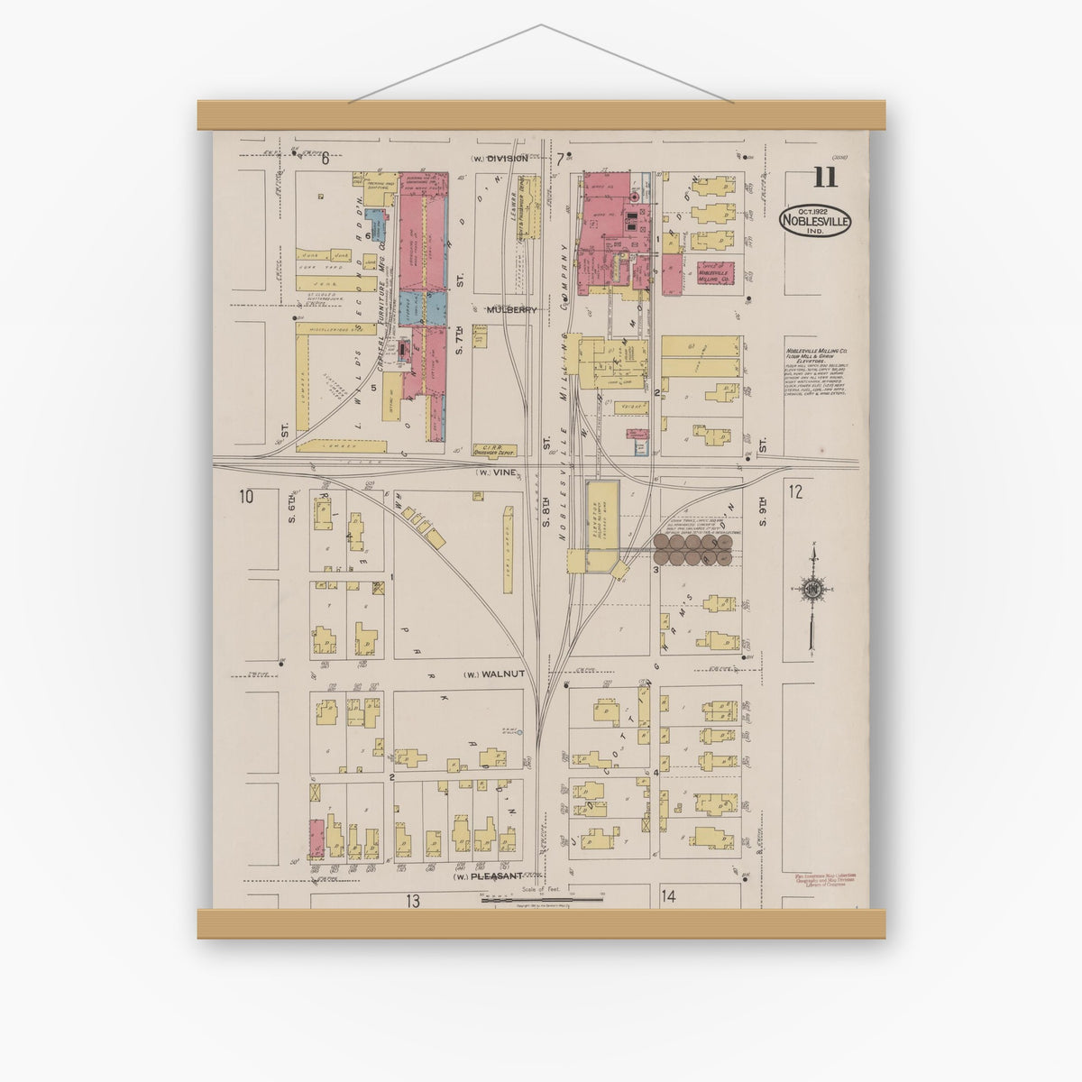 Old map wall art mockup — magnetic wood frame on white wall — Sanborn Fire Insurance Map from Noblesville, Hamilton County, Indiana (1922), Sheet #0011