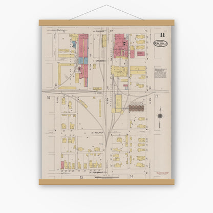 Old map wall art mockup — magnetic wood frame on white wall — Sanborn Fire Insurance Map from Noblesville, Hamilton County, Indiana (1922), Sheet #0011