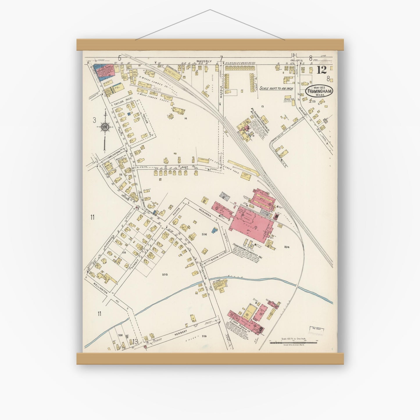 Old map wall art mockup — magnetic wood frame on white wall — Sanborn Fire Insurance Map from Framingham, Middlesex County, Massachusetts (1922), Sheet #0012