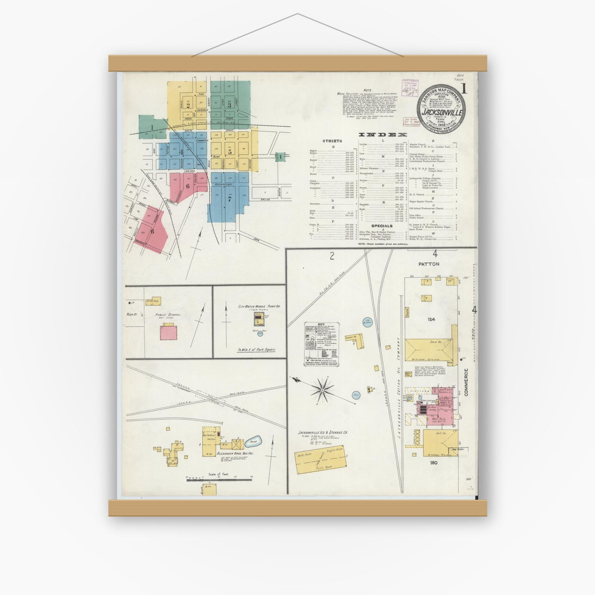 Old map wall art mockup — magnetic wood frame on white wall — Sanborn Fire Insurance Map from Jacksonville, Cherokee County, Texas (1906), Sheet #0001