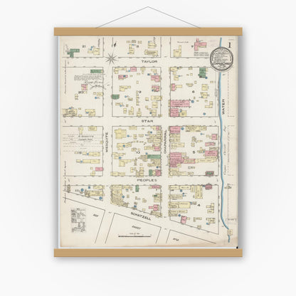 Old map wall art mockup — magnetic wood frame on white wall — Sanborn Fire Insurance Map from Corpus Christi, Nueces County, Texas (1885), Sheet #0001