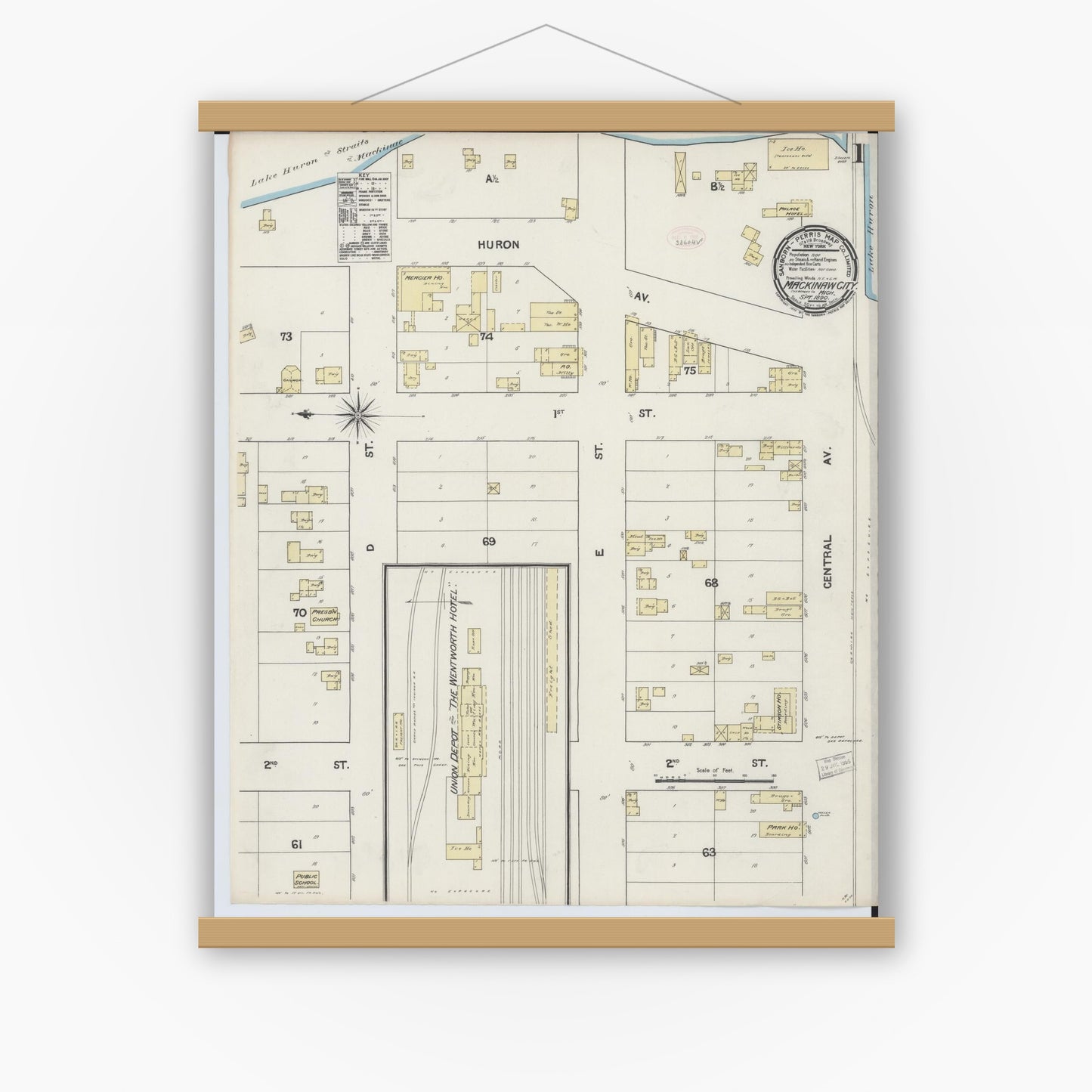 Old map wall art mockup — magnetic wood frame on white wall — Sanborn Fire Insurance Map from Mackinaw City, Cheboygan County, Michigan (1890) - Complete Map Set