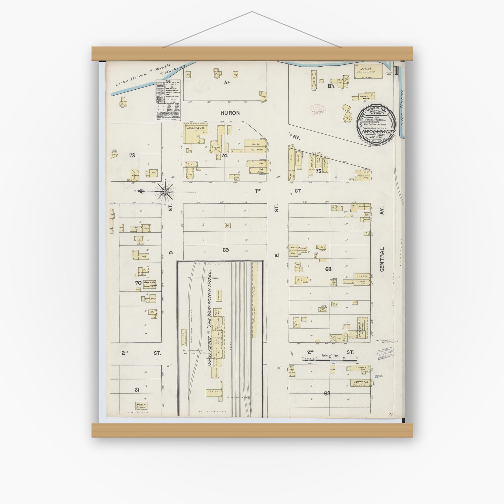 Old map wall art mockup — magnetic wood frame on white wall — Sanborn Fire Insurance Map from Mackinaw City, Cheboygan County, Michigan (1890) - Complete Map Set