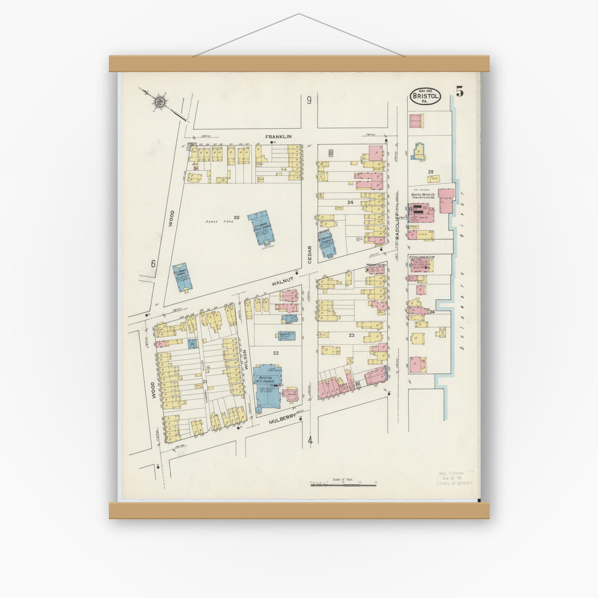 Old map wall art mockup — magnetic wood frame on white wall — Sanborn Fire Insurance Map from Bristol, Bucks County, Pennsylvania (1915), Sheet #0005