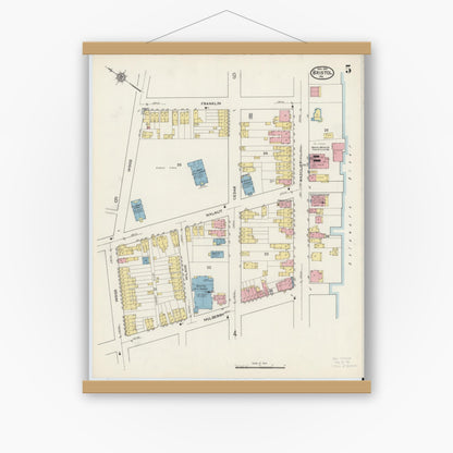 Old map wall art mockup — magnetic wood frame on white wall — Sanborn Fire Insurance Map from Bristol, Bucks County, Pennsylvania (1915), Sheet #0005