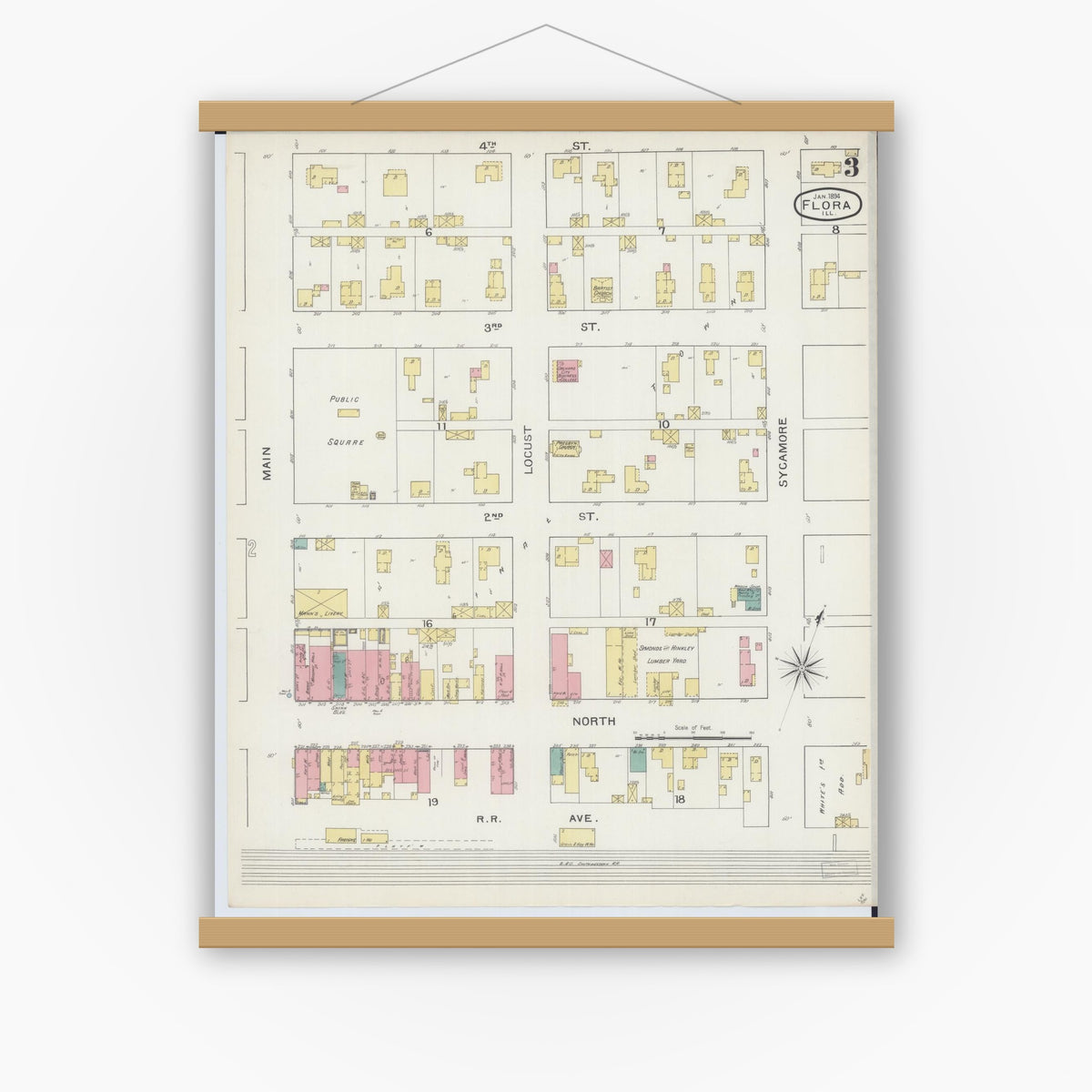 Old map wall art mockup — magnetic wood frame on white wall — Sanborn Fire Insurance Map from Flora, Clay County, Illinois (1894), Sheet #0003