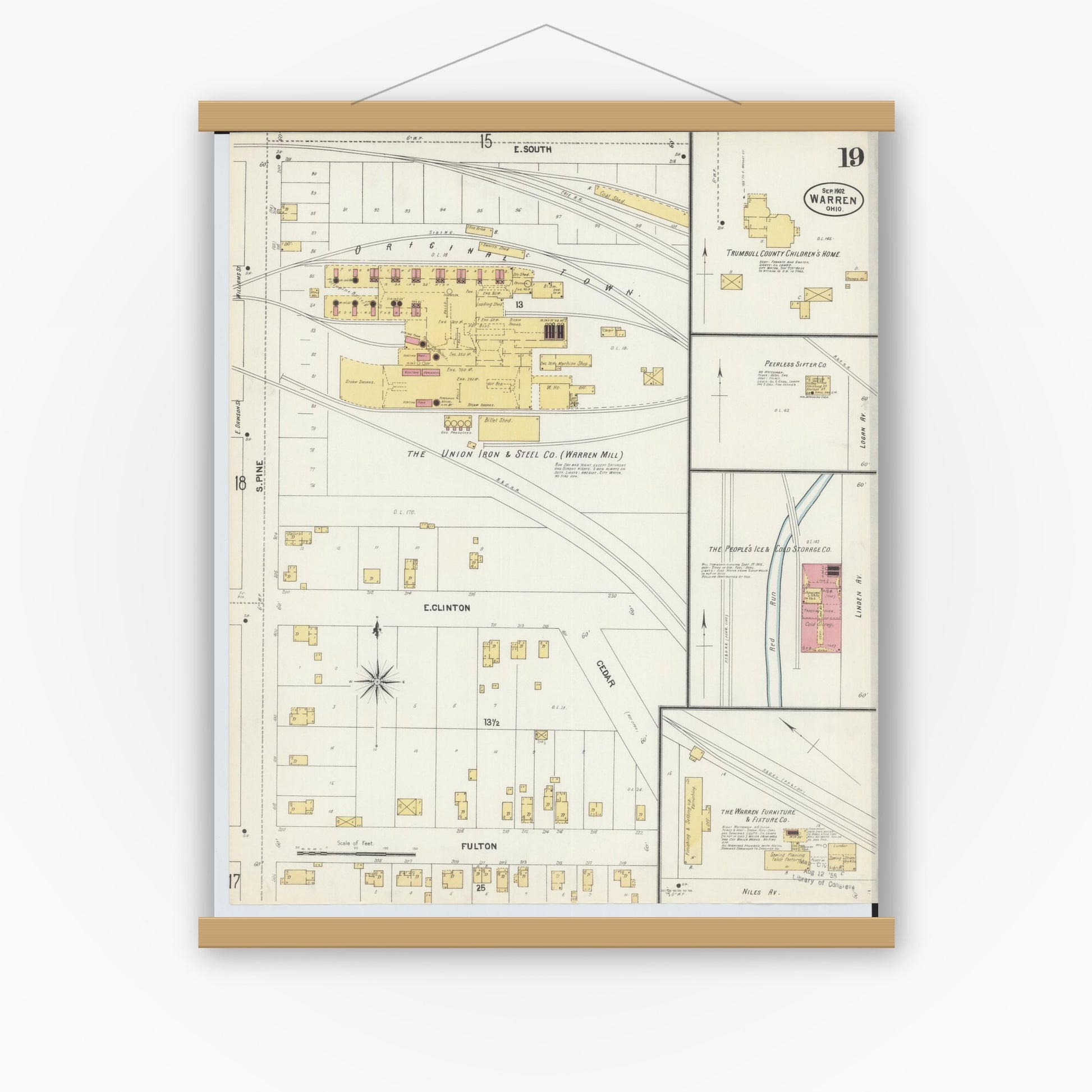 Old map wall art mockup — magnetic wood frame on white wall — Sanborn Fire Insurance Map from Warren, Trumbull County, Ohio (1902), Sheet #0019