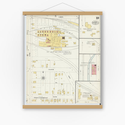 Old map wall art mockup — magnetic wood frame on white wall — Sanborn Fire Insurance Map from Warren, Trumbull County, Ohio (1902), Sheet #0019