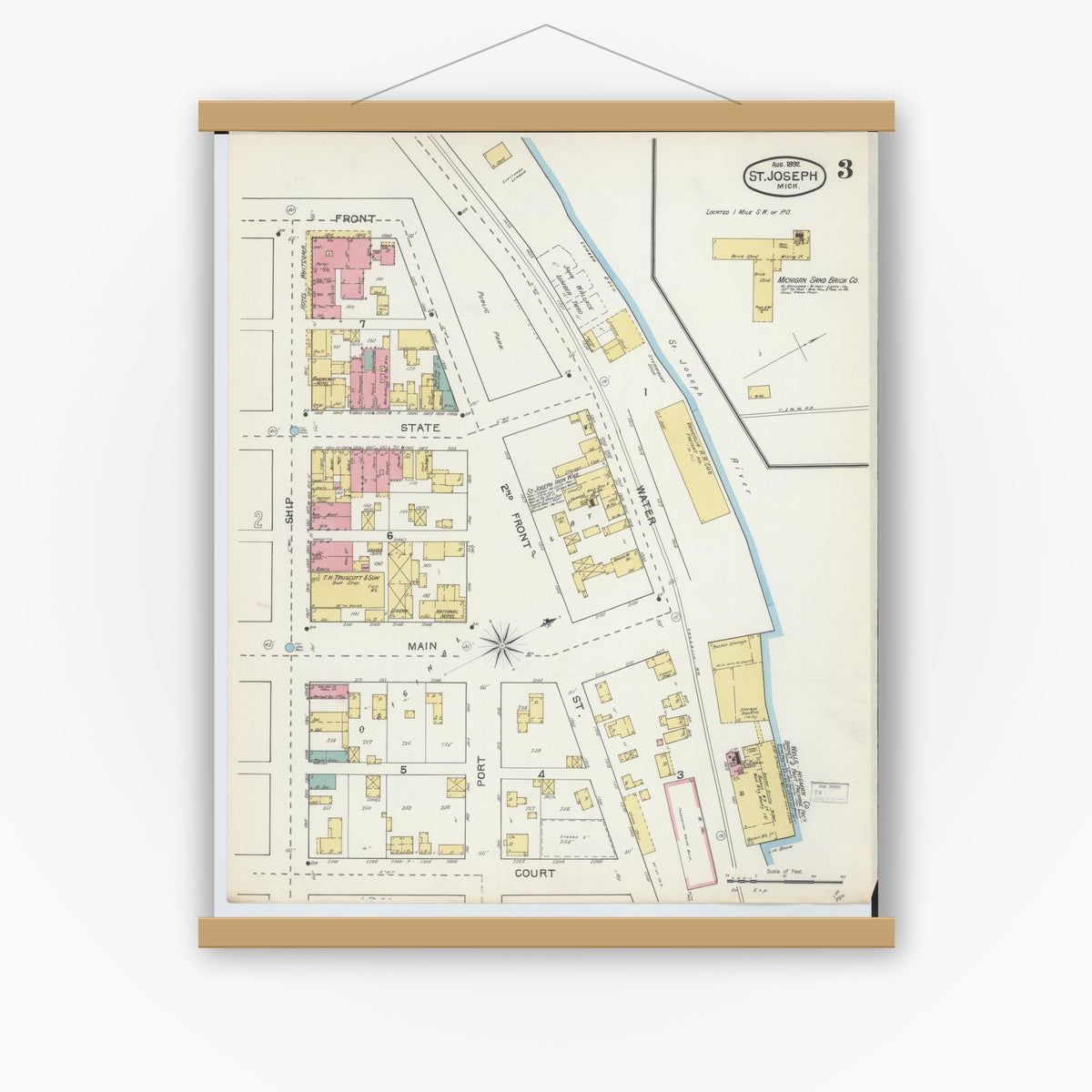 Old map wall art mockup — magnetic wood frame on white wall — Sanborn Fire Insurance Map from Saint Joseph, Berrien County, Michigan (1892), Sheet #0003