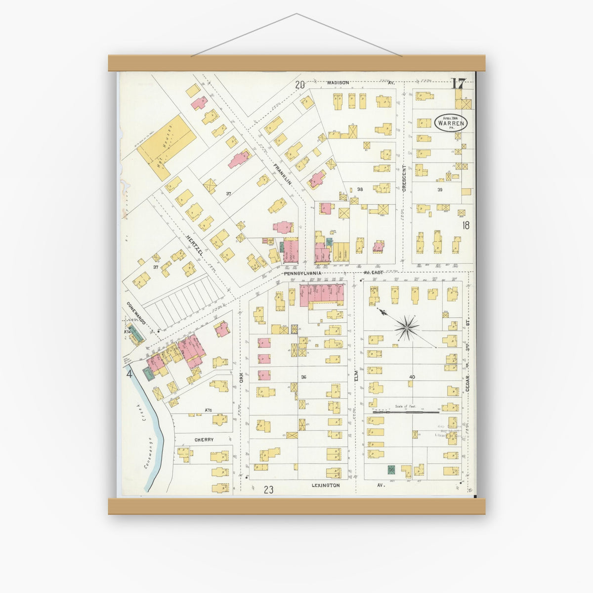 Old map wall art mockup — magnetic wood frame on white wall — Sanborn Fire Insurance Map from Warren, Warren County, Pennsylvania (1904), Sheet #0017