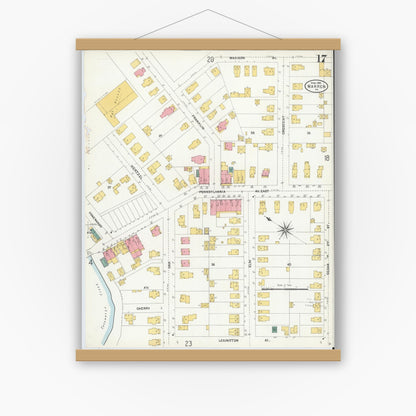 Old map wall art mockup — magnetic wood frame on white wall — Sanborn Fire Insurance Map from Warren, Warren County, Pennsylvania (1904), Sheet #0017