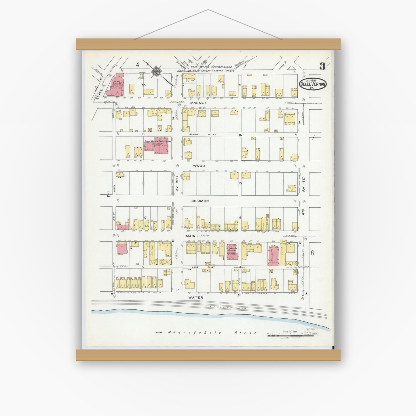 Old map wall art mockup — magnetic wood frame on white wall — Sanborn Fire Insurance Map from Belle Vernon, Fayette County, Pennsylvania (1918), Sheet #0003