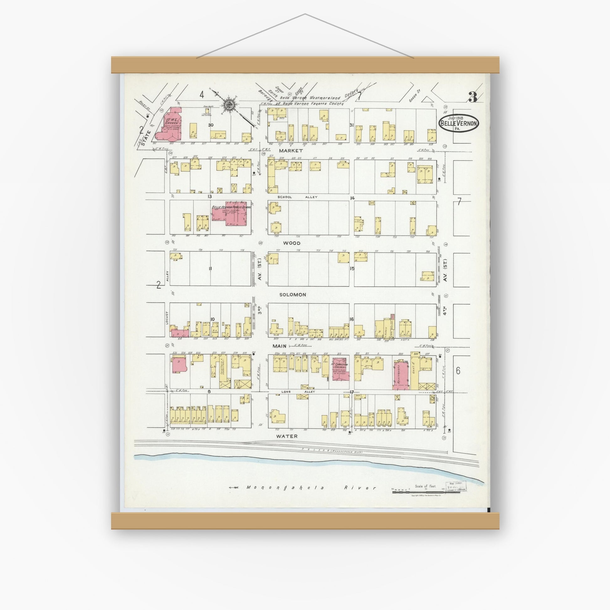 Old map wall art mockup — magnetic wood frame on white wall — Sanborn Fire Insurance Map from Belle Vernon, Fayette County, Pennsylvania (1918), Sheet #0003