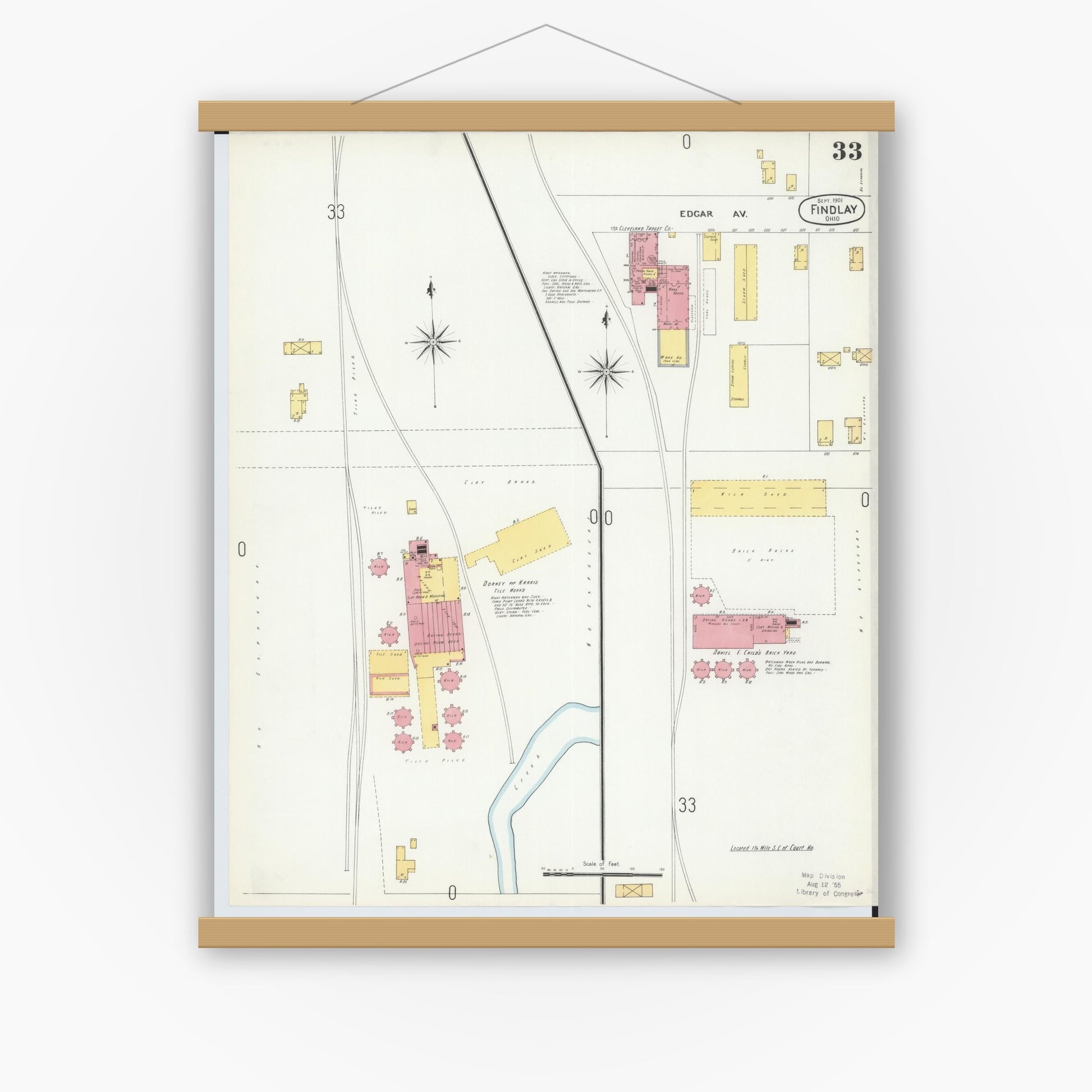 Old map wall art mockup — magnetic wood frame on white wall — Sanborn Fire Insurance Map from Findlay, Hancock County, Ohio (1901), Sheet #0033