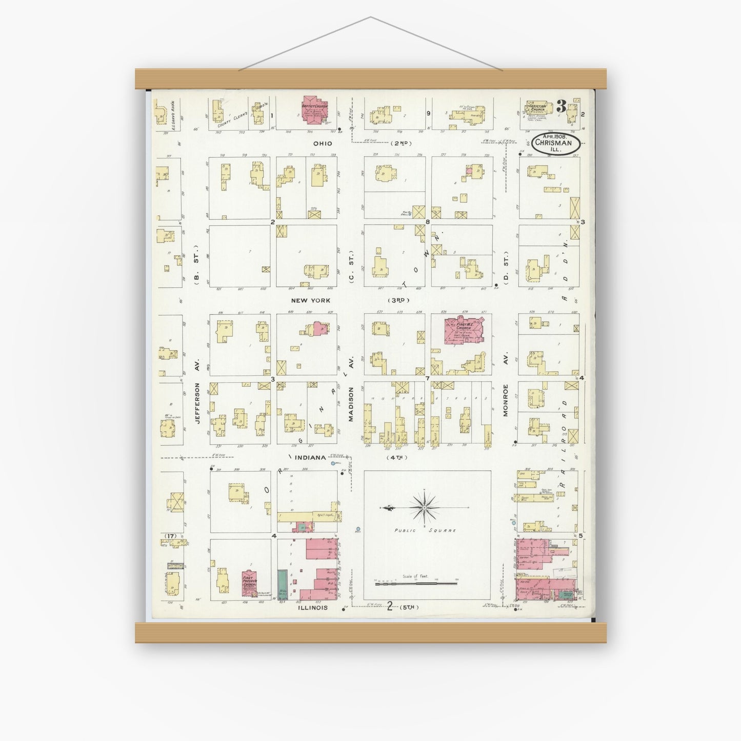 Old map wall art mockup — magnetic wood frame on white wall — Sanborn Fire Insurance Map from Chrisman, Edgar County, Illinois (1908), Sheet #0003