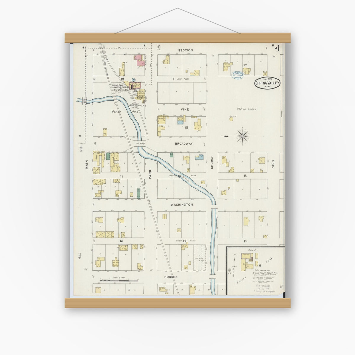 Old map wall art mockup — magnetic wood frame on white wall — Sanborn Fire Insurance Map from Spring Valley, Fillmore County, Minnesota (1894), Sheet #0004