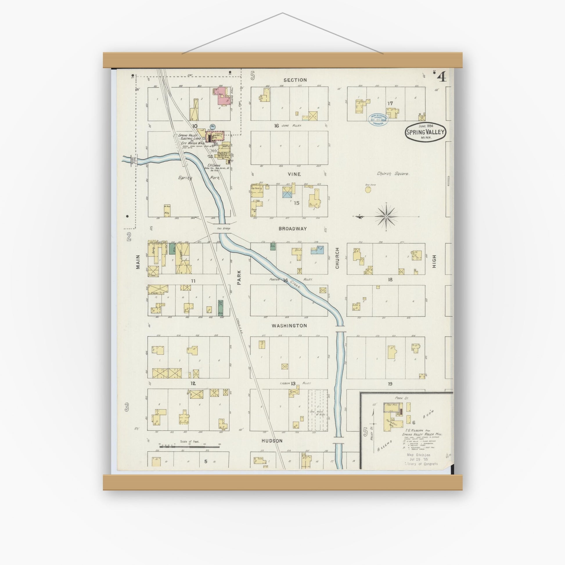 Old map wall art mockup — magnetic wood frame on white wall — Sanborn Fire Insurance Map from Spring Valley, Fillmore County, Minnesota (1894), Sheet #0004