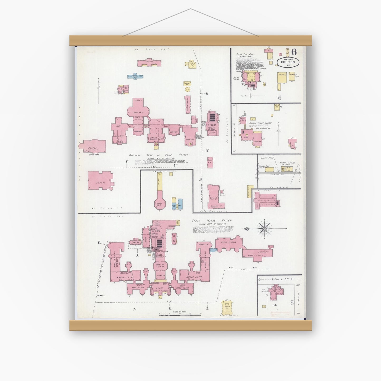Old map wall art mockup — magnetic wood frame on white wall — Sanborn Fire Insurance Map from Fulton, Callaway County, Missouri (1902), Sheet #0006