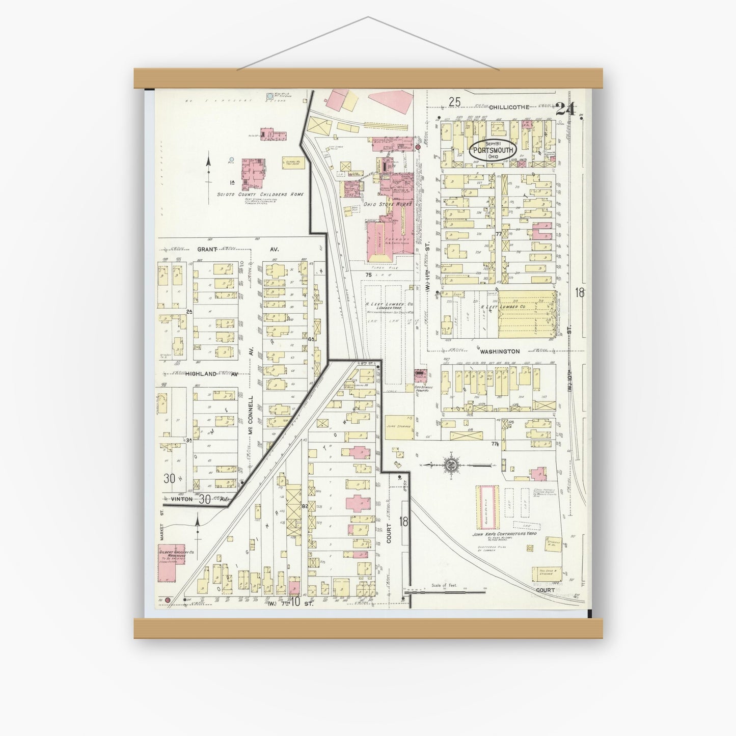 Old map wall art mockup — magnetic wood frame on white wall — Sanborn Fire Insurance Map from Portsmouth, Scioto County, Ohio (1911), Sheet #0024