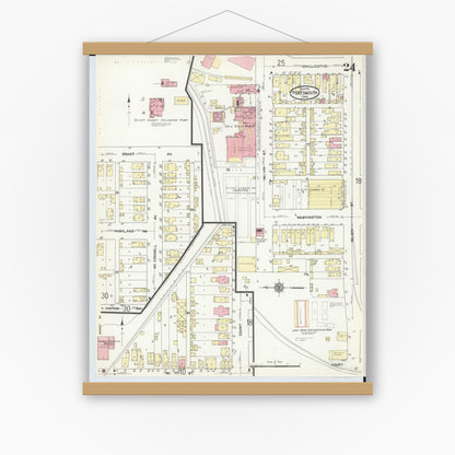 Old map wall art mockup — magnetic wood frame on white wall — Sanborn Fire Insurance Map from Portsmouth, Scioto County, Ohio (1911), Sheet #0024